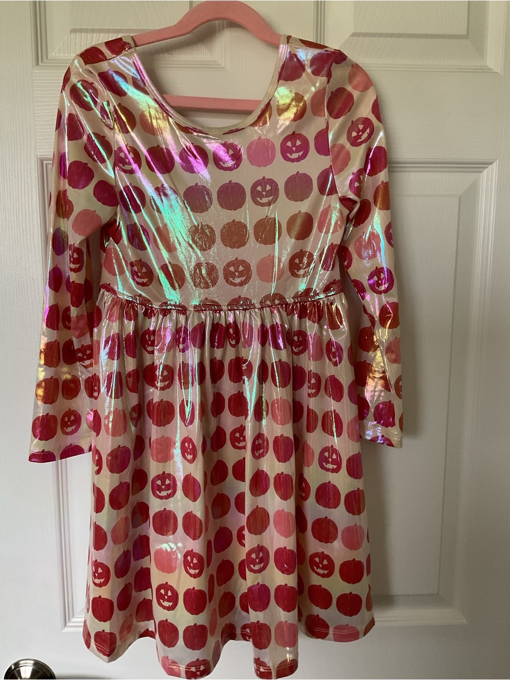 Pink Chicken Pink Iridescent Pumpkin-Print Long-Sleeve Dress Size 8 New
